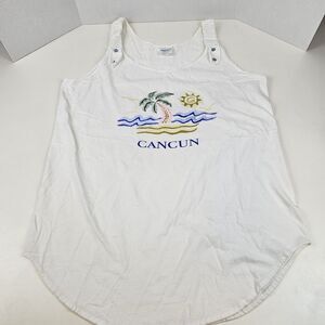 Vtg Cancun Mexico Shirt Tank Top Womens White Beach Palm Tree Swimsuit Cover Up